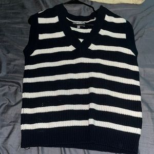 small, navy blue and cream, striped v-neck sweater vest